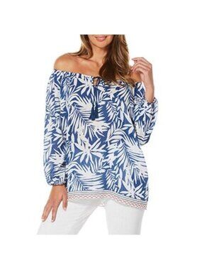 Rafaella Weekend Womens Blue & White Tropical Print Peasant Blouse With Decorati